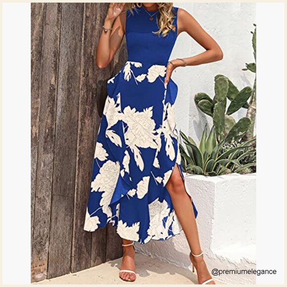 Sleeveless Midi Dress Crewneck Patchwork Boho Floral Ruffle A-Line Summer - Picture 4 of 7